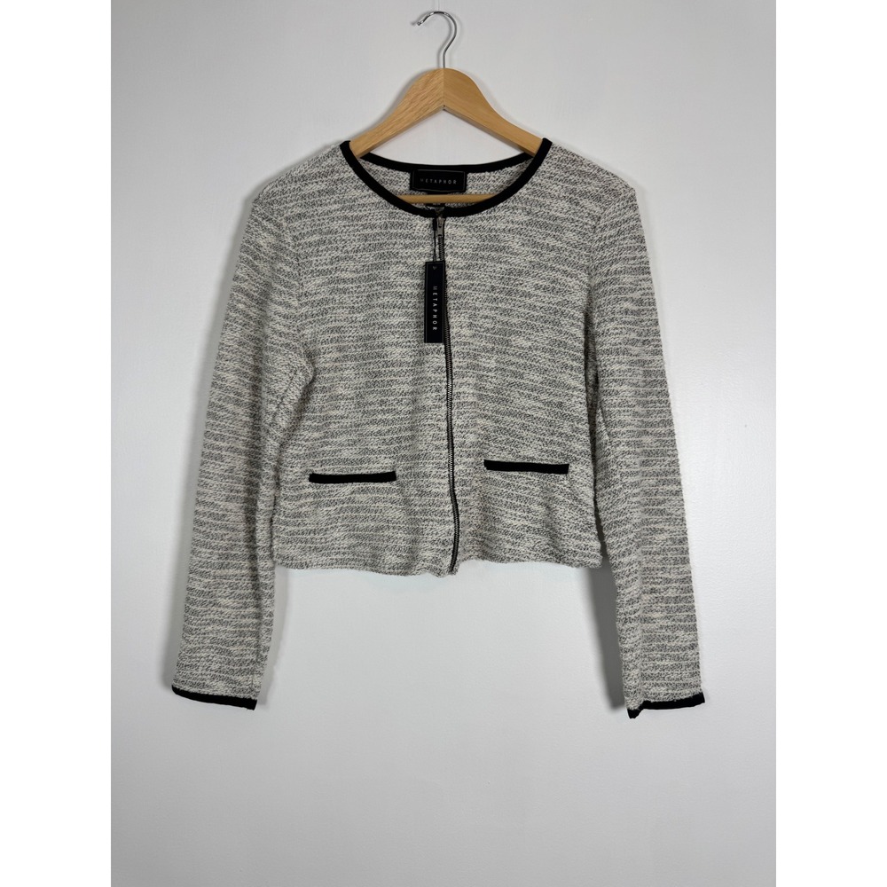 Classic Metaphor Womens Medium Zip Front Knit Jacket Egret Black Textured Trim